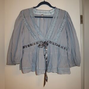 Free People Powder Blue Lace-Trim Peasant Top